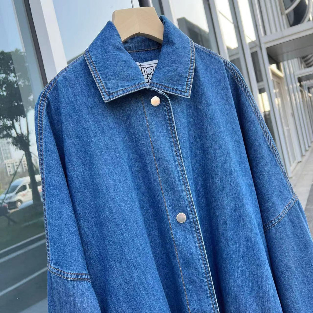 Cotton Loose Denim Coat Women's Silhouette Large Pocket Denim Shirt Long Jacket