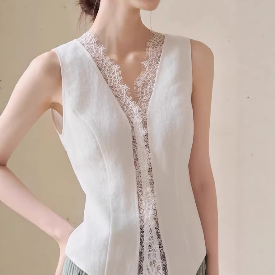 Heavyweight Tencel Linen Lace Vest Shirt High-Waisted Design Pants Three-Piece Set