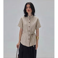 Pure Linen Henley Neck Short Sleeve Shirt for Women, Lightweight with Tie-Waist, Casual Office Top