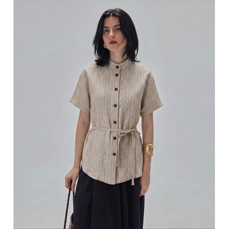 Pure Linen Henley Neck Short Sleeve Shirt for Women, Lightweight with Tie-Waist, Casual Office Top