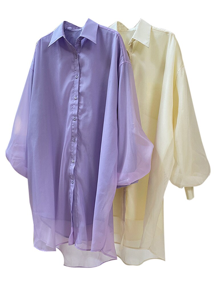 Simple Fashion Women's Shirt New Single Braested Long Sleeve Lapel Loose Solid Gauze Blouse Female Summer