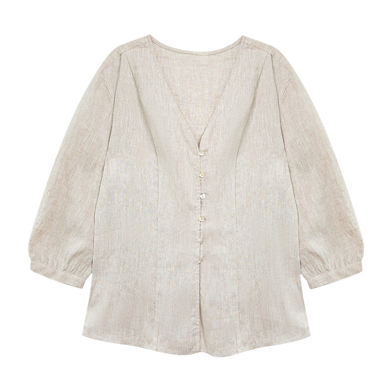 Linen T-Shirt White Three-quarter Sleeve V-neck Blouse Women's Summer Design Top High-end Old Money Style Casual Shirt