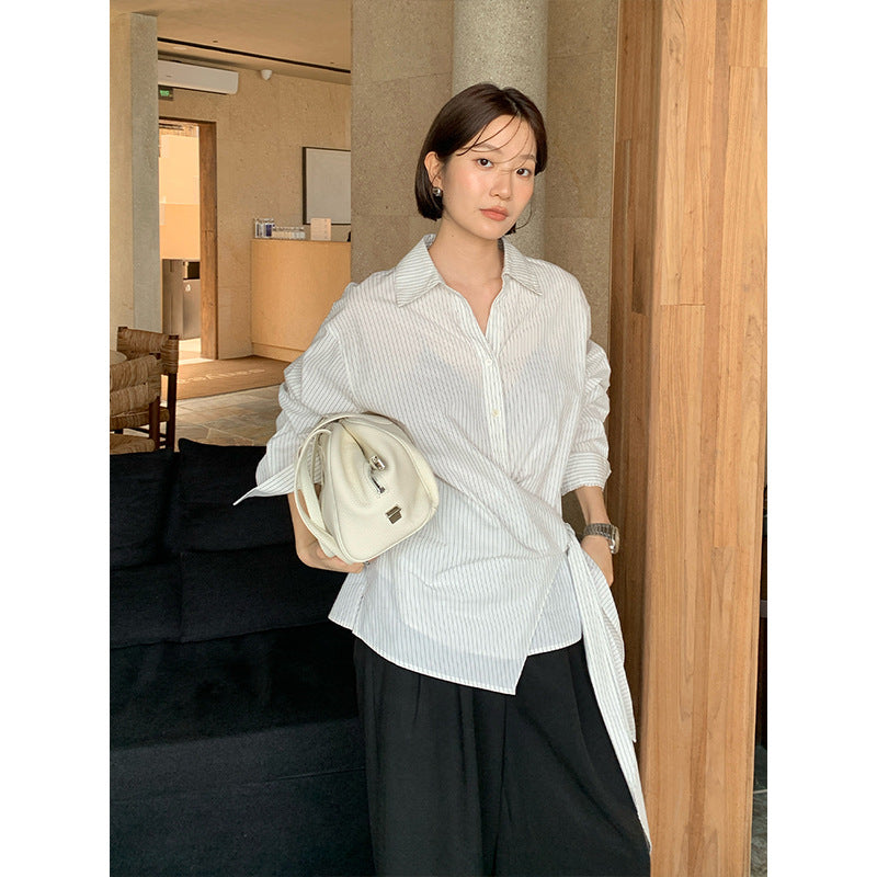 Irregular Cinched Waist Tie-Strap Striped Shirt, Elegant Commute Blouse