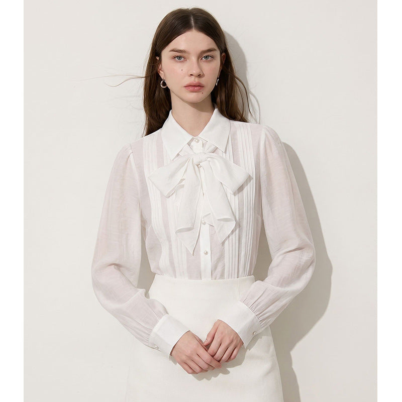Elegant Bow Tie Blouse Shirt Formal Workwear Slim Fit Fashionable Cardigan