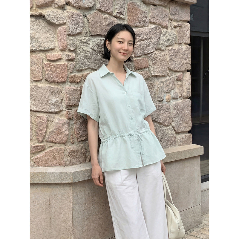 Tencel Linen Waist-Tie Design Blouse Korean Style Chic Office Shirt