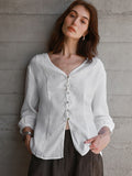 Linen T-Shirt White Three-quarter Sleeve V-neck Blouse Women's Summer Design Top High-end Old Money Style Casual Shirt