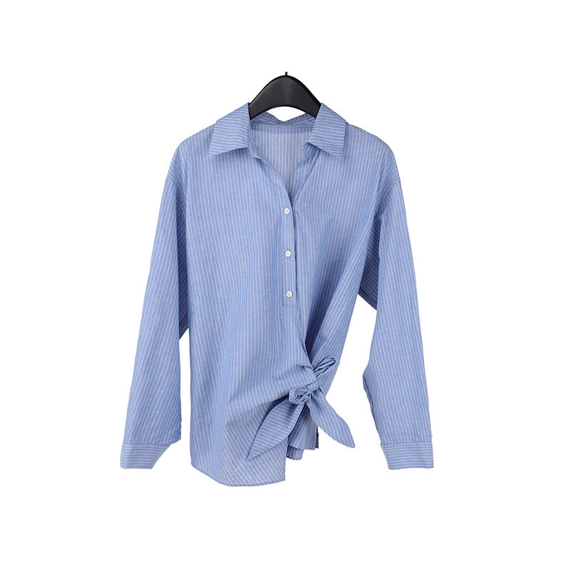 Irregular Cinched Waist Tie-Strap Striped Shirt, Elegant Commute Blouse