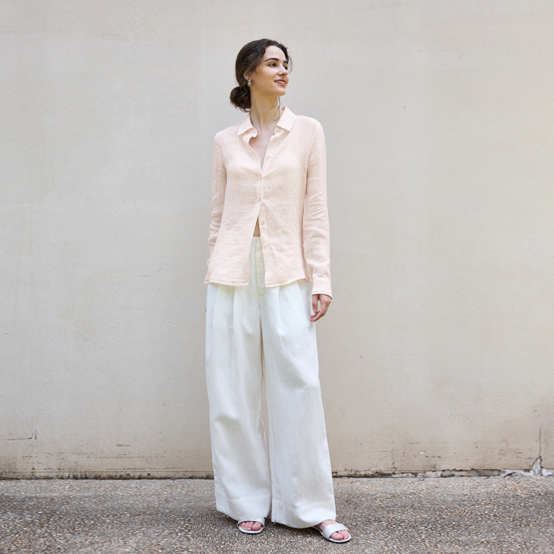 Autumn Pure Linen Women's Shirt Loose Old Money Style Single Breasted Solid Color Top Slightly Transparent Minimalist Blouse