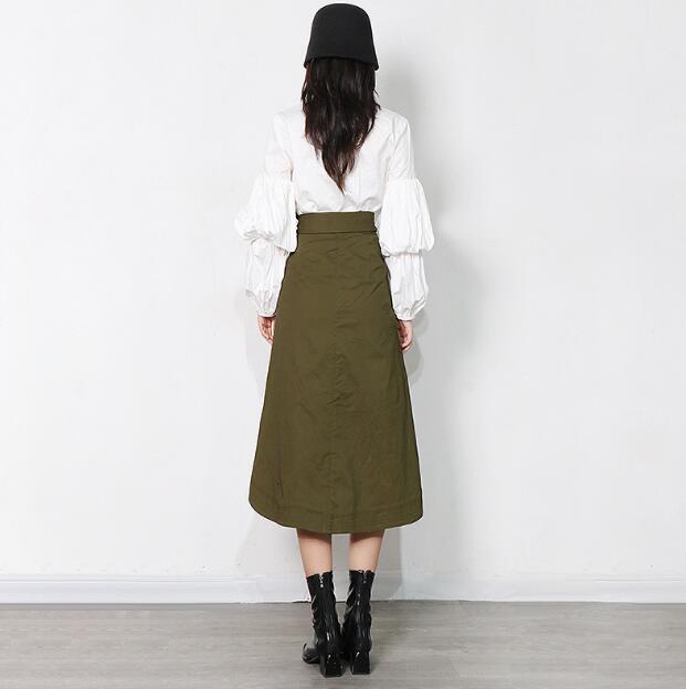 Gentle Style Autumn Two-Piece Suit Pure Color Simple Long Shirt Skirt + Army Green Wrap Skirt
