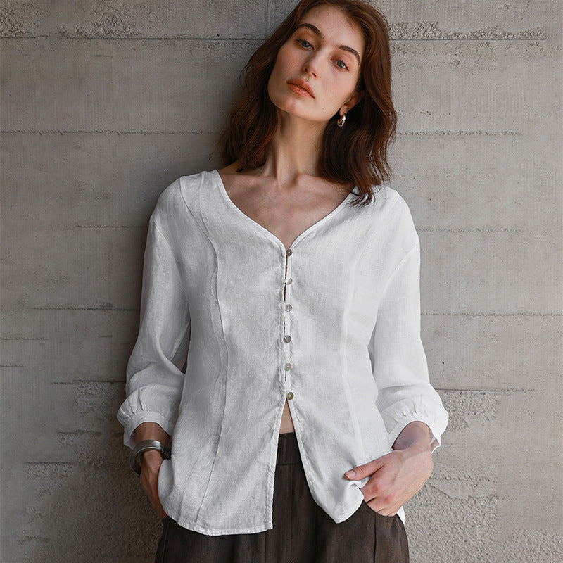 Linen T-Shirt White Three-quarter Sleeve V-neck Blouse Women's Summer Design Top High-end Old Money Style Casual Shirt
