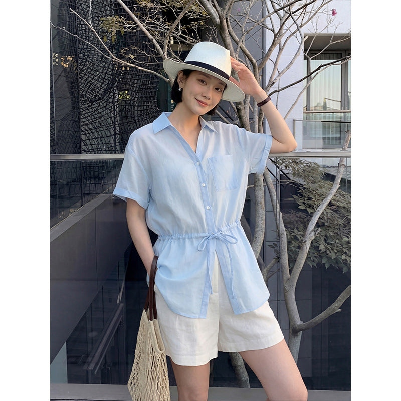 Tencel Linen Waist-Tie Design Blouse Korean Style Chic Office Shirt