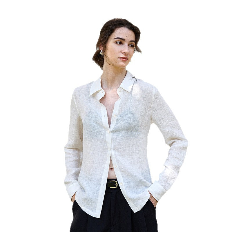 Autumn Pure Linen Women's Shirt Loose Old Money Style Single Breasted Solid Color Top Slightly Transparent Minimalist Blouse