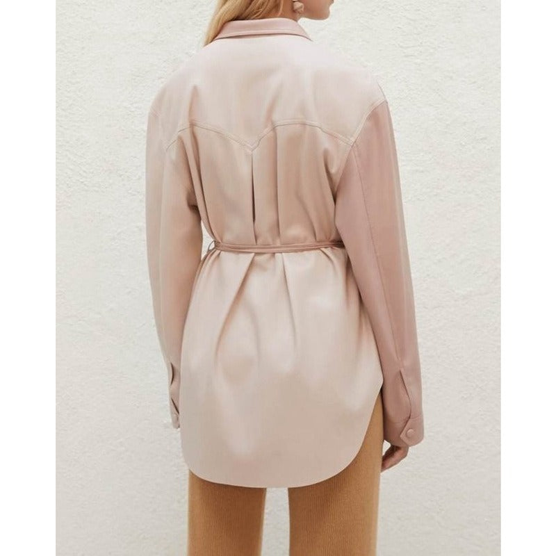 Artificial leather color blocked shirt for women's casual loose waistband long sleeved shirt