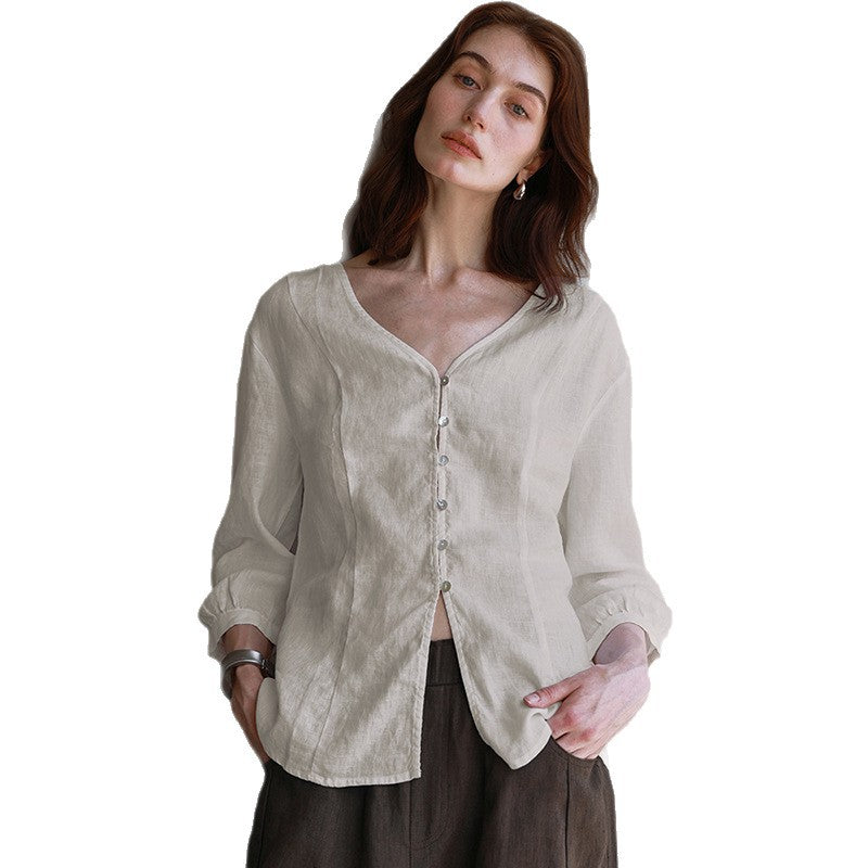 Linen T-Shirt White Three-quarter Sleeve V-neck Blouse Women's Summer Design Top High-end Old Money Style Casual Shirt