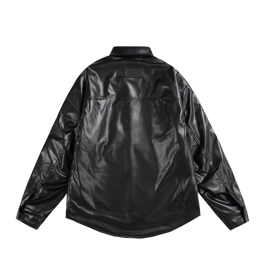 PU leather and fleece-lined shirt jacket unisex loose-fitting versatile biker-style coat