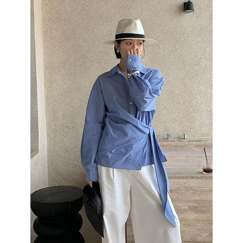 Irregular Cinched Waist Tie-Strap Striped Shirt, Elegant Commute Blouse