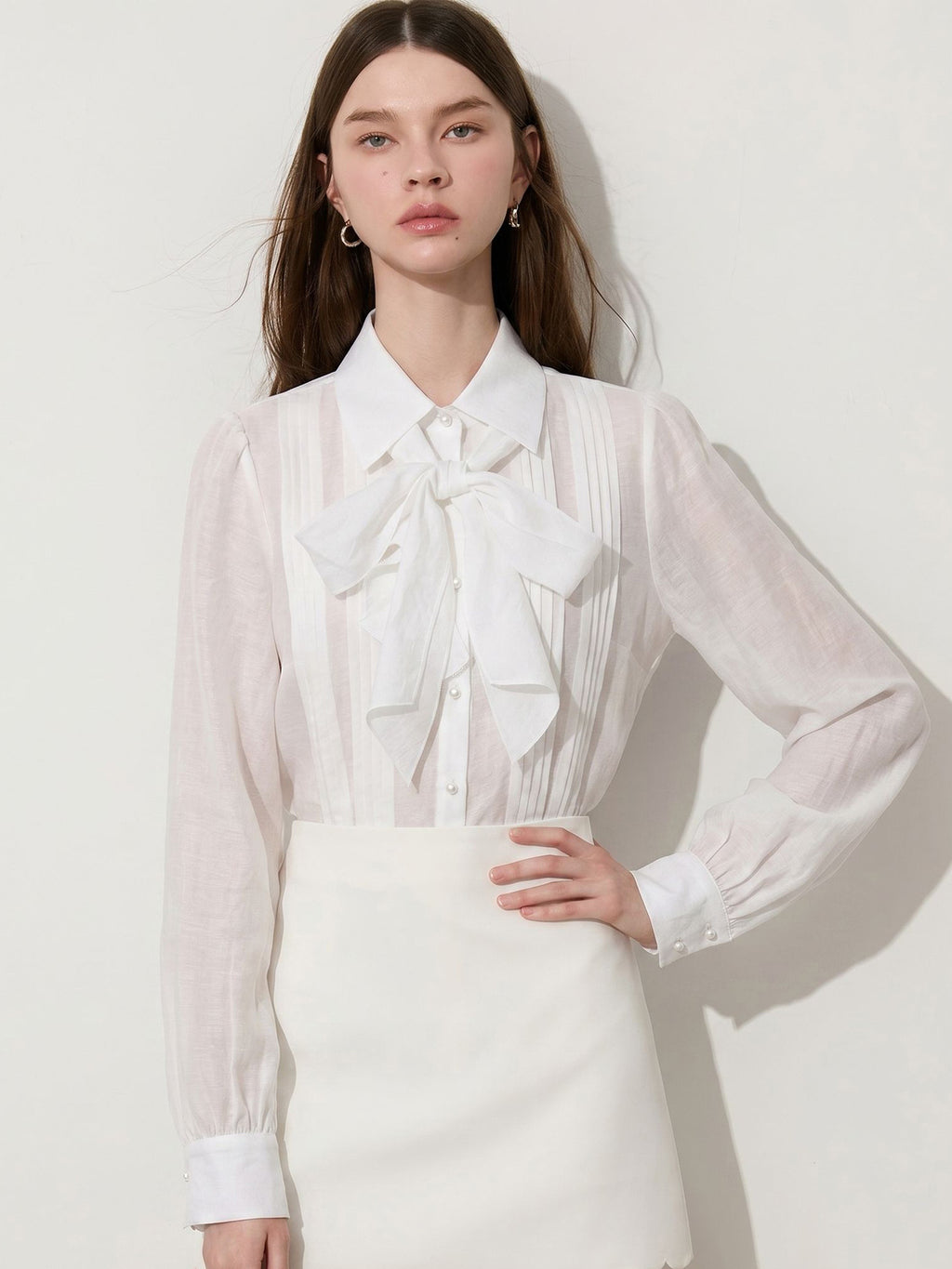 Elegant Bow Tie Blouse Shirt Formal Workwear Slim Fit Fashionable Cardigan