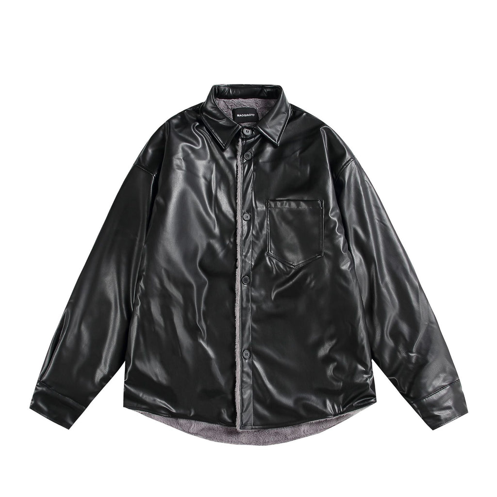 PU leather and fleece-lined shirt jacket unisex loose-fitting versatile biker-style coat