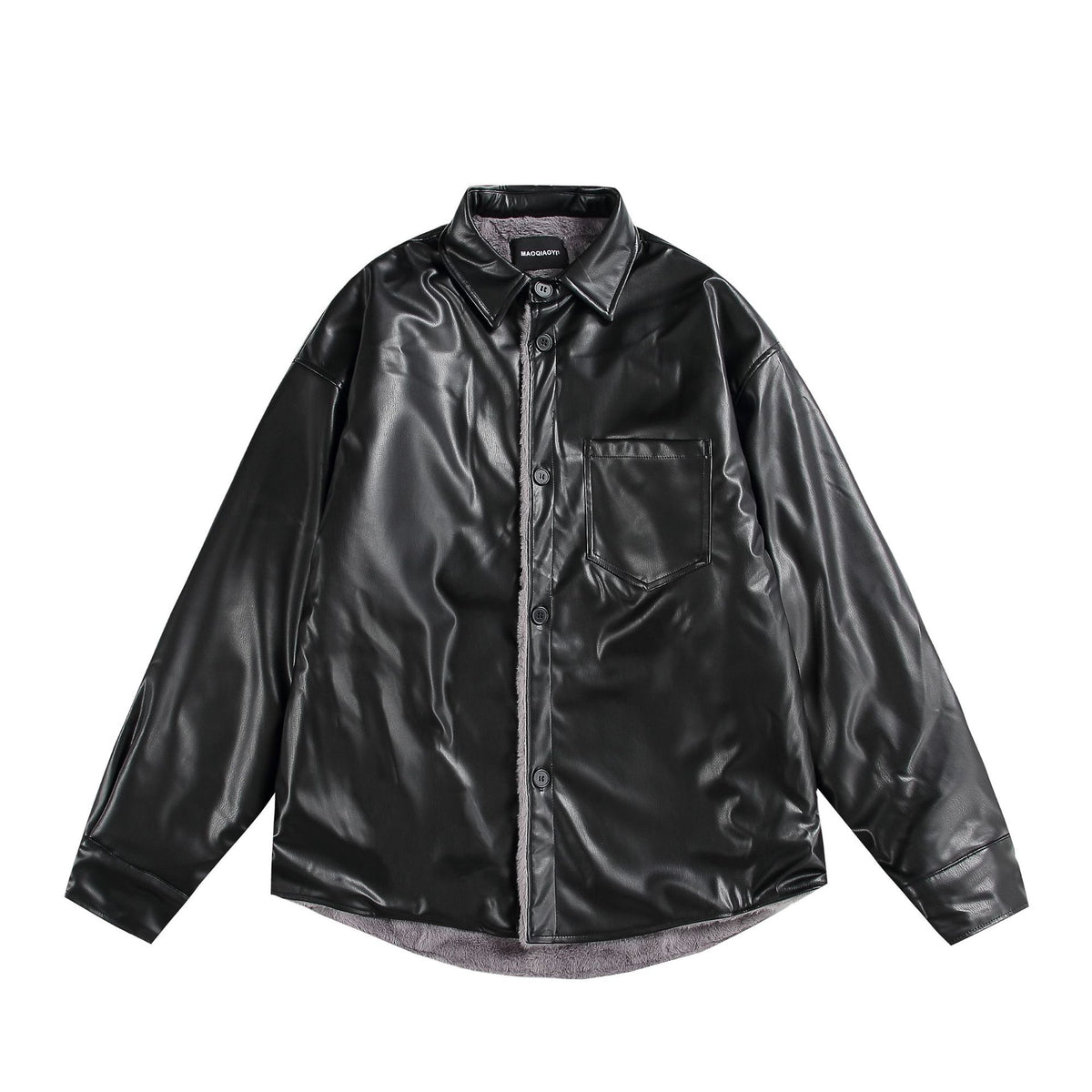 PU leather and fleece-lined shirt jacket unisex loose-fitting versatile biker-style coat