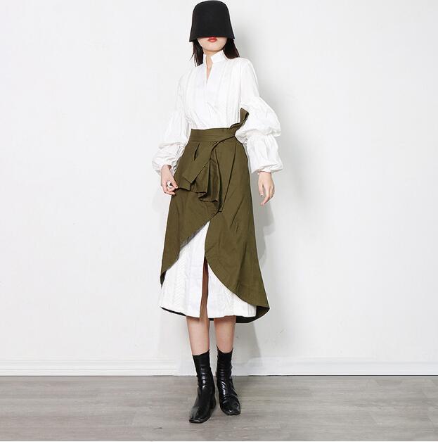 Gentle Style Autumn Two-Piece Suit Pure Color Simple Long Shirt Skirt + Army Green Wrap Skirt