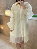 Simple Fashion Women's Shirt New Single Braested Long Sleeve Lapel Loose Solid Gauze Blouse Female Summer