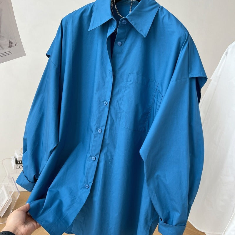 Fashion Back Spliced Shirt For Women Solid Versatile Single Breasted Loose Fake Two Pieces Blouse