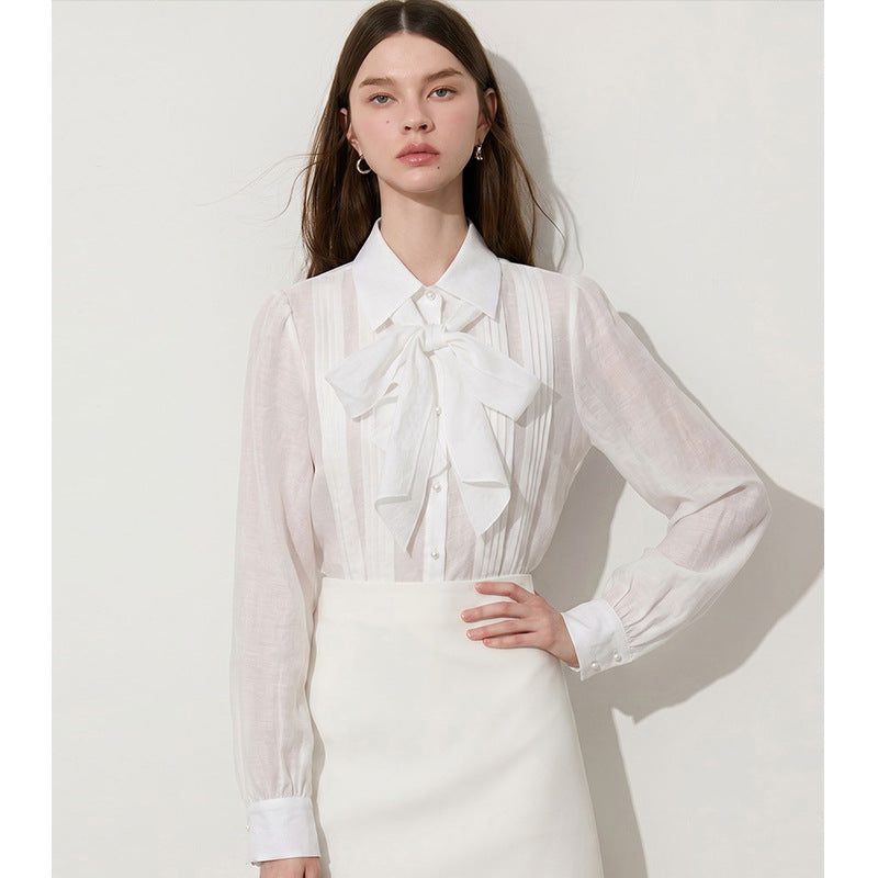 Elegant Bow Tie Blouse Shirt Formal Workwear Slim Fit Fashionable Cardigan