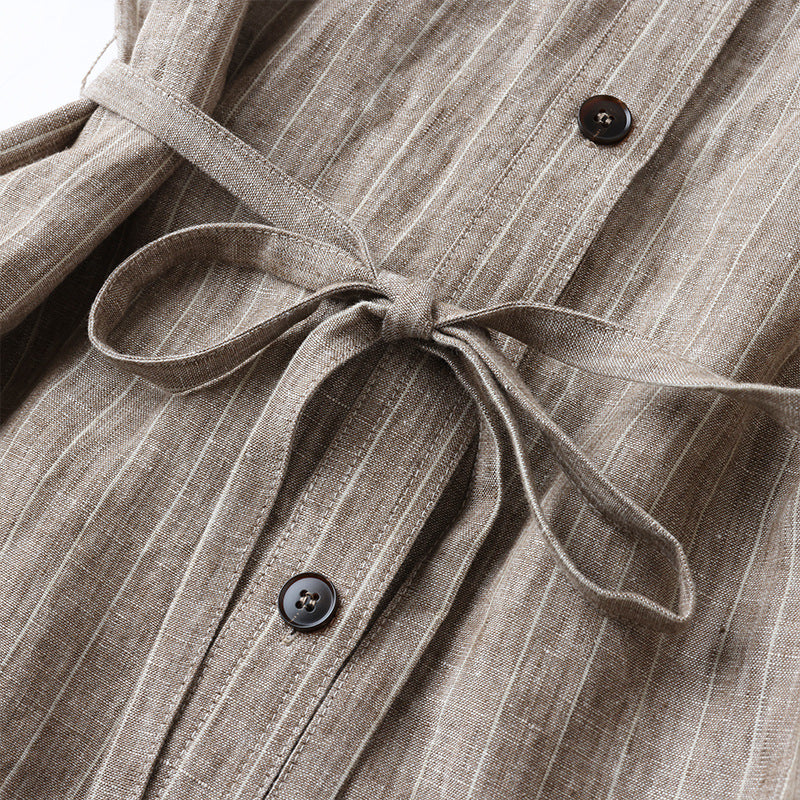 Pure Linen Henley Neck Short Sleeve Shirt for Women, Lightweight with Tie-Waist, Casual Office Top