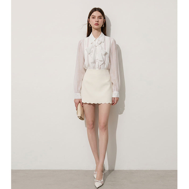 Elegant Bow Tie Blouse Shirt Formal Workwear Slim Fit Fashionable Cardigan