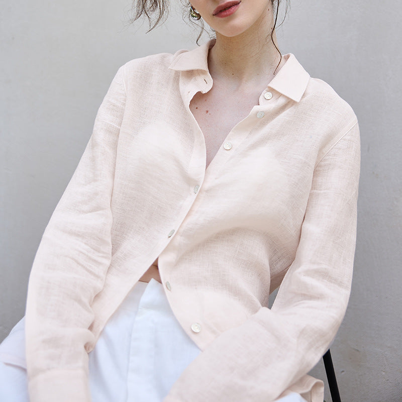 Autumn Pure Linen Women's Shirt Loose Old Money Style Single Breasted Solid Color Top Slightly Transparent Minimalist Blouse