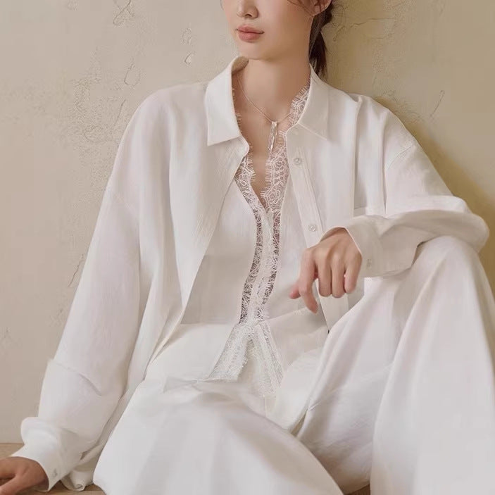 Heavyweight Tencel Linen Lace Vest Shirt High-Waisted Design Pants Three-Piece Set