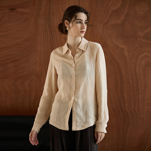 Autumn Pure Linen Women's Shirt Loose Old Money Style Single Breasted Solid Color Top Slightly Transparent Minimalist Blouse