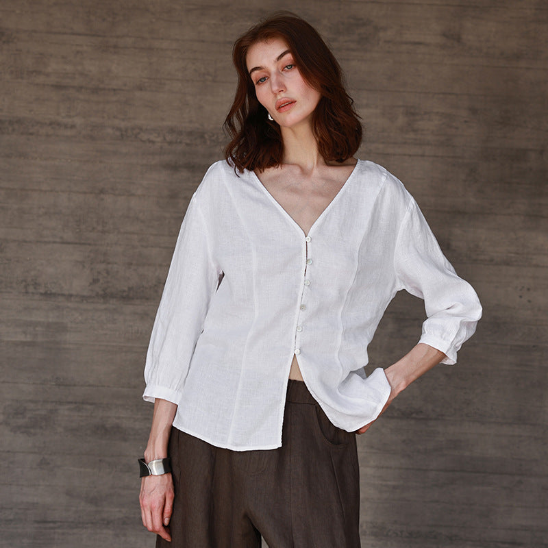Linen T-Shirt White Three-quarter Sleeve V-neck Blouse Women's Summer Design Top High-end Old Money Style Casual Shirt