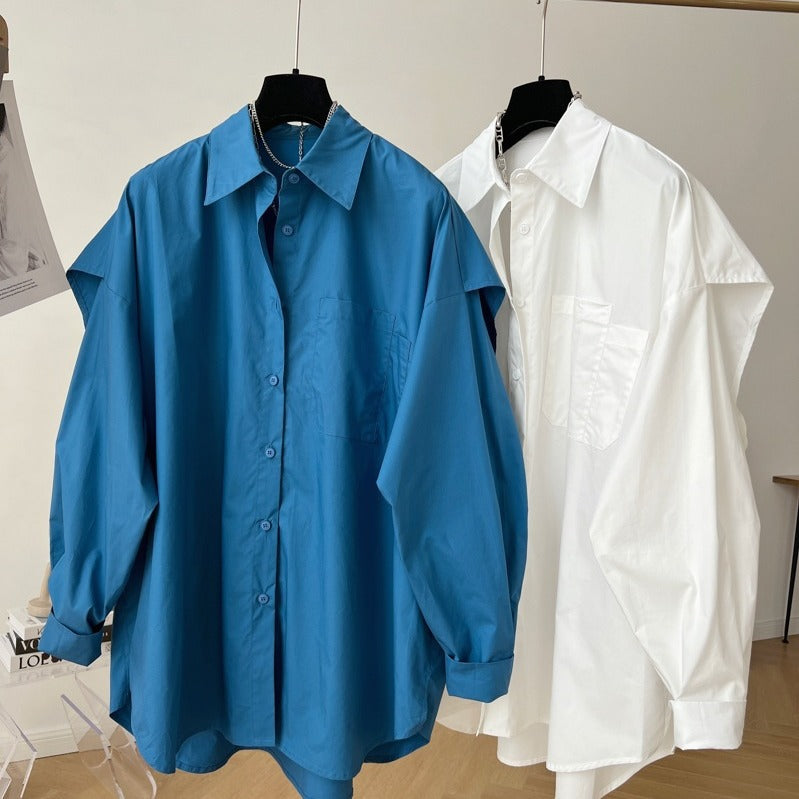 Fashion Back Spliced Shirt For Women Solid Versatile Single Breasted Loose Fake Two Pieces Blouse
