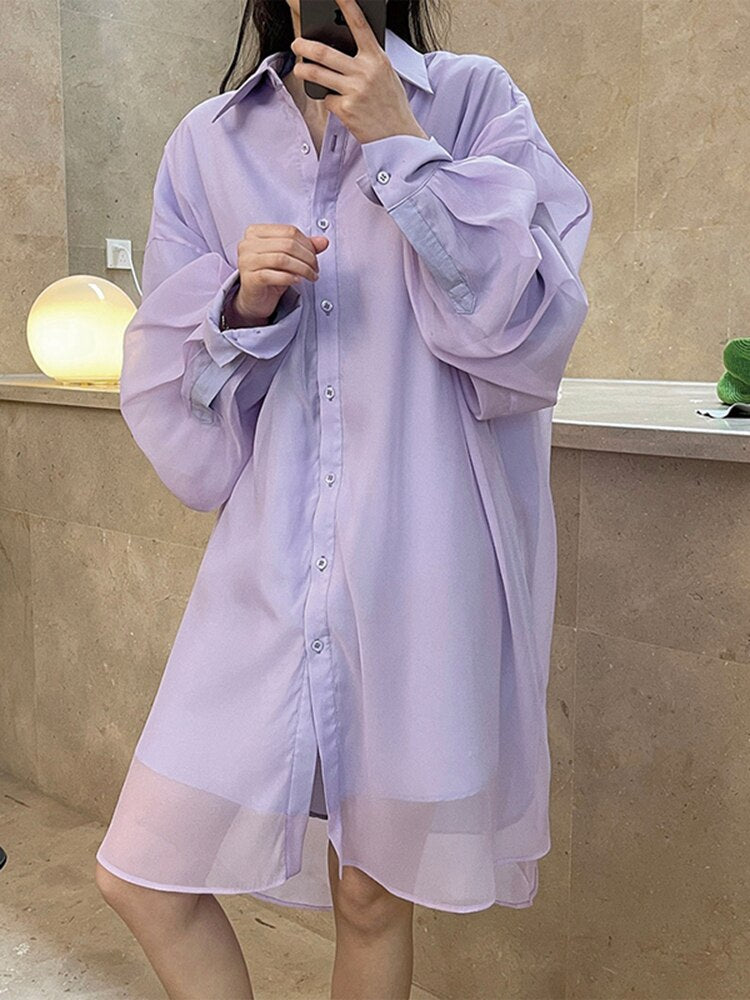 Simple Fashion Women's Shirt New Single Braested Long Sleeve Lapel Loose Solid Gauze Blouse Female Summer