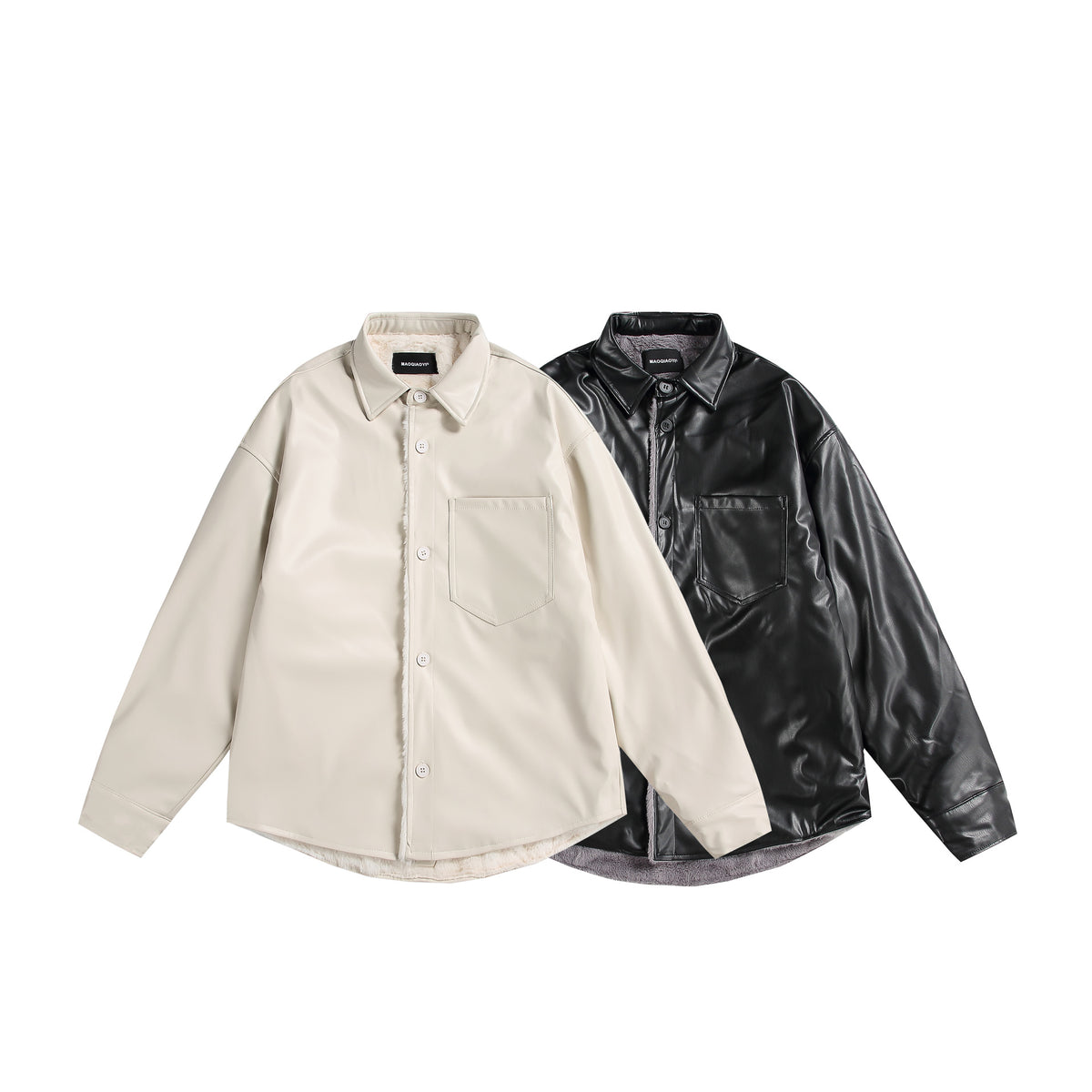 PU leather and fleece-lined shirt jacket unisex loose-fitting versatile biker-style coat