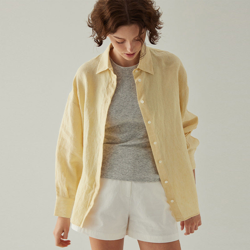 High-end Pure Linen Shirt Women's Spring and Summer Sunscreen Cardigan Loose Top Casual Cross-border Commuting Turn-down Collar Blouse