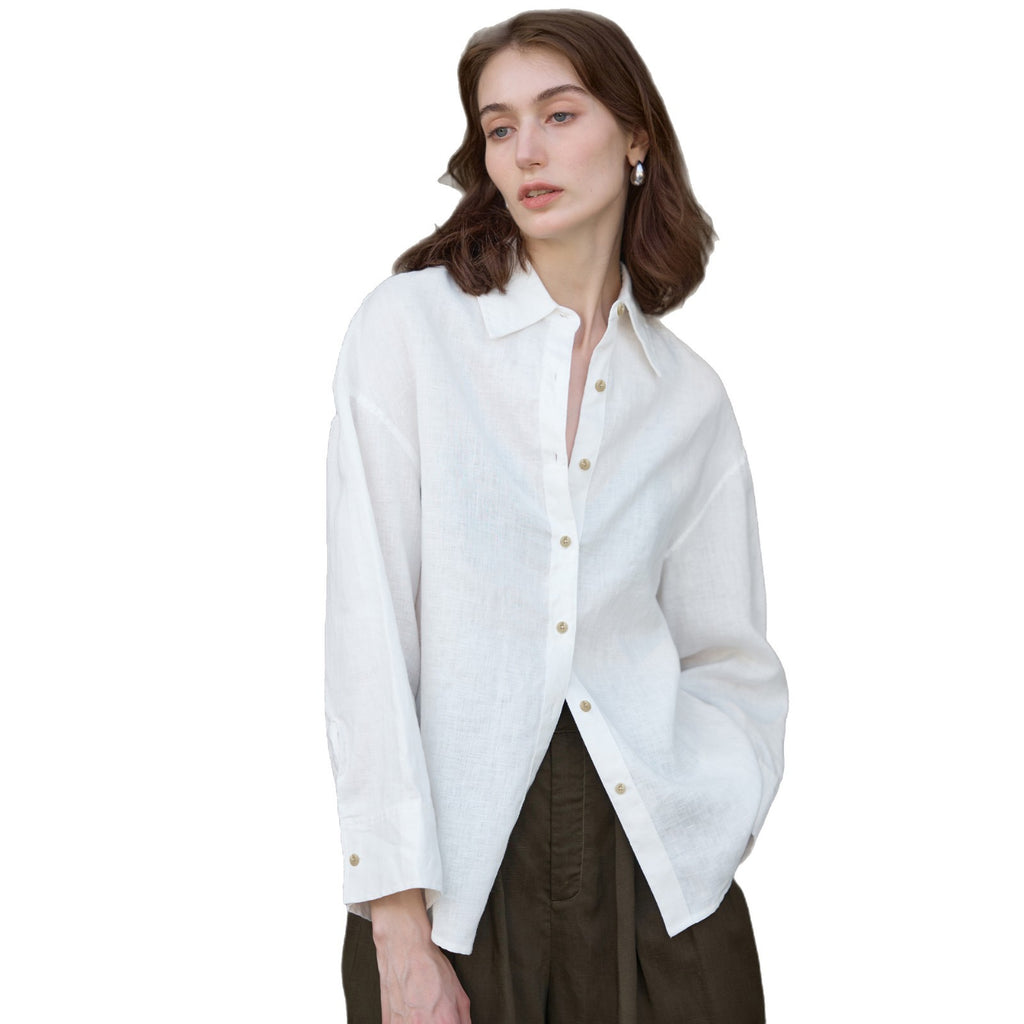 Pure Linen Loose Solid Color Women's Shirt Simple Long Sleeve Single Breasted Blouse Intellectual Loose Fit Top