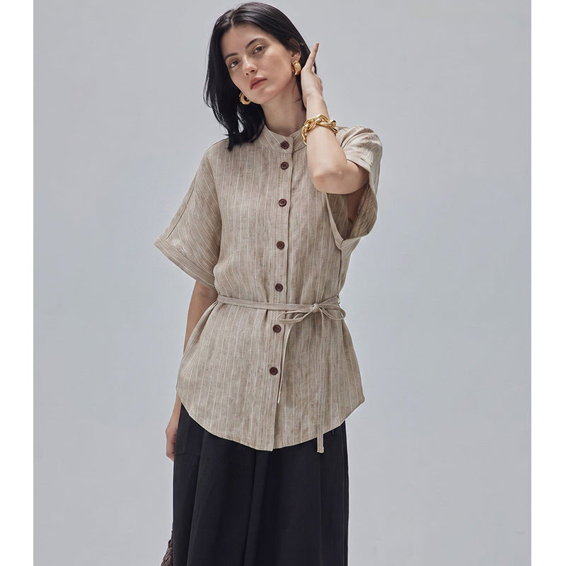Pure Linen Henley Neck Short Sleeve Shirt for Women, Lightweight with Tie-Waist, Casual Office Top
