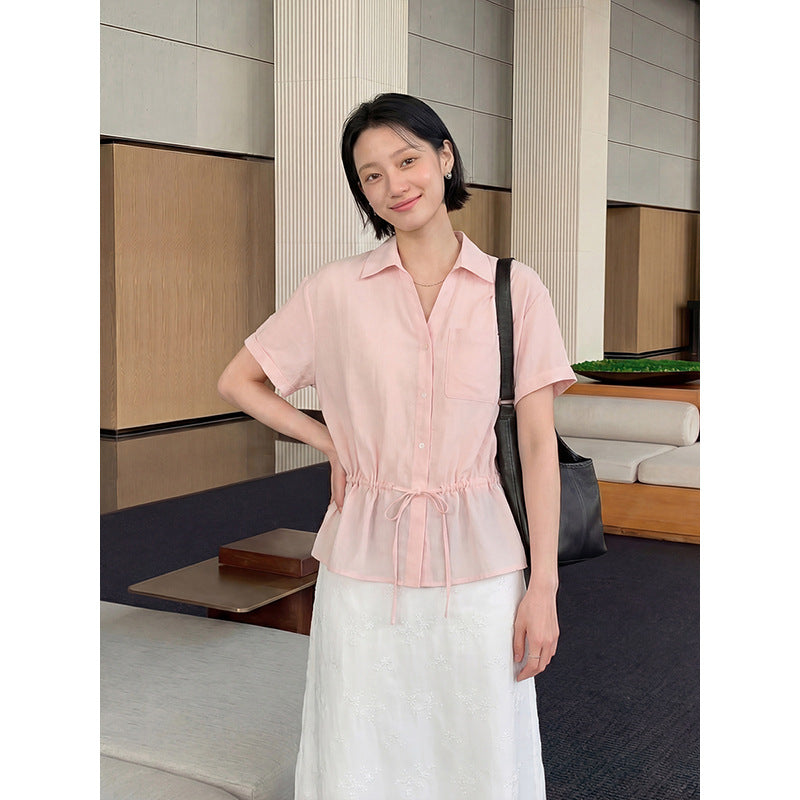 Tencel Linen Waist-Tie Design Blouse Korean Style Chic Office Shirt