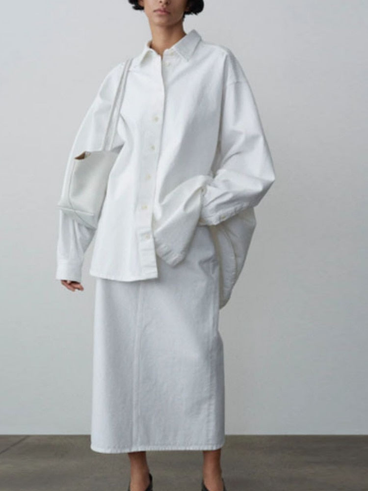 Women Shirt  Autumn and Winter New Solid Color Oversize Loose Arc Long-sleeved Shirt