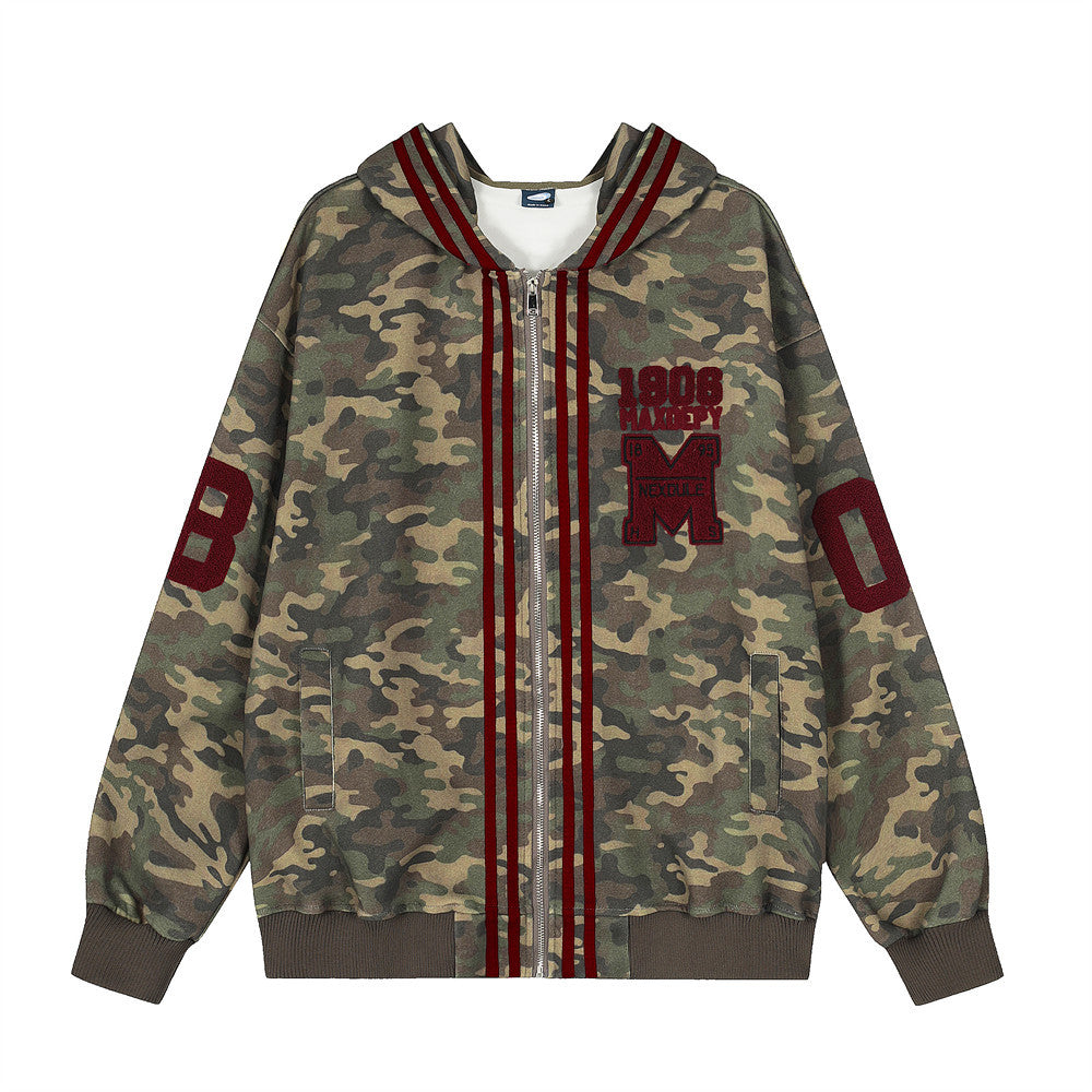 Camouflage striped patchwork three bar loose sports shirt