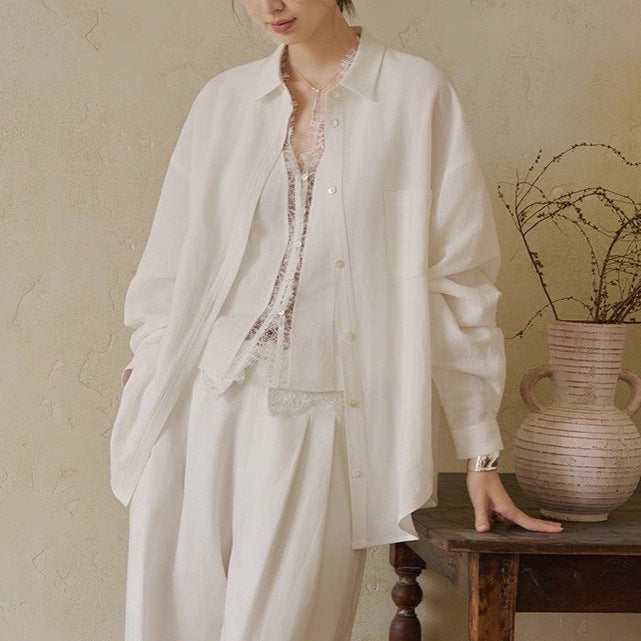 Heavyweight Tencel Linen Lace Vest Shirt High-Waisted Design Pants Three-Piece Set