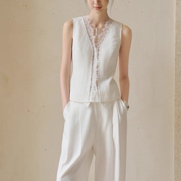 Heavyweight Tencel Linen Lace Vest Shirt High-Waisted Design Pants Three-Piece Set