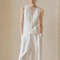 Heavyweight Tencel Linen Lace Vest Shirt High-Waisted Design Pants Three-Piece Set
