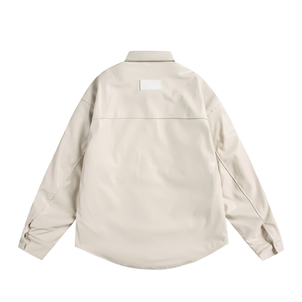 PU leather and fleece-lined shirt jacket unisex loose-fitting versatile biker-style coat