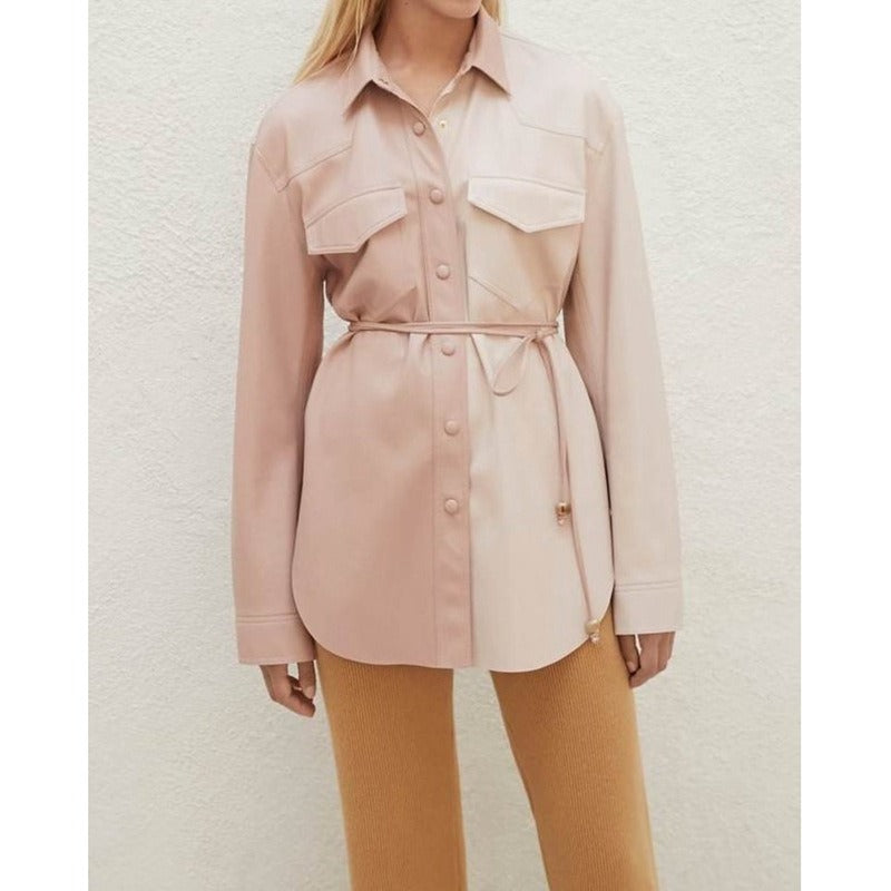 Artificial leather color blocked shirt for women's casual loose waistband long sleeved shirt