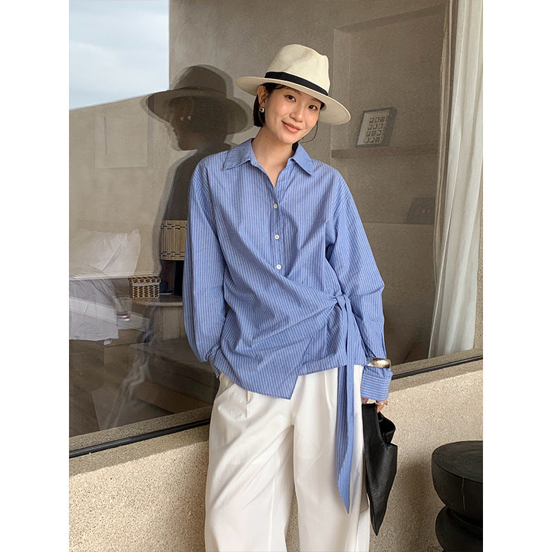 Irregular Cinched Waist Tie-Strap Striped Shirt, Elegant Commute Blouse