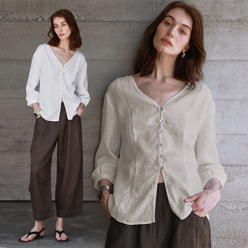 Linen T-Shirt White Three-quarter Sleeve V-neck Blouse Women's Summer Design Top High-end Old Money Style Casual Shirt