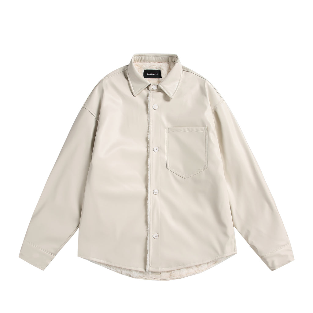 PU leather and fleece-lined shirt jacket unisex loose-fitting versatile biker-style coat